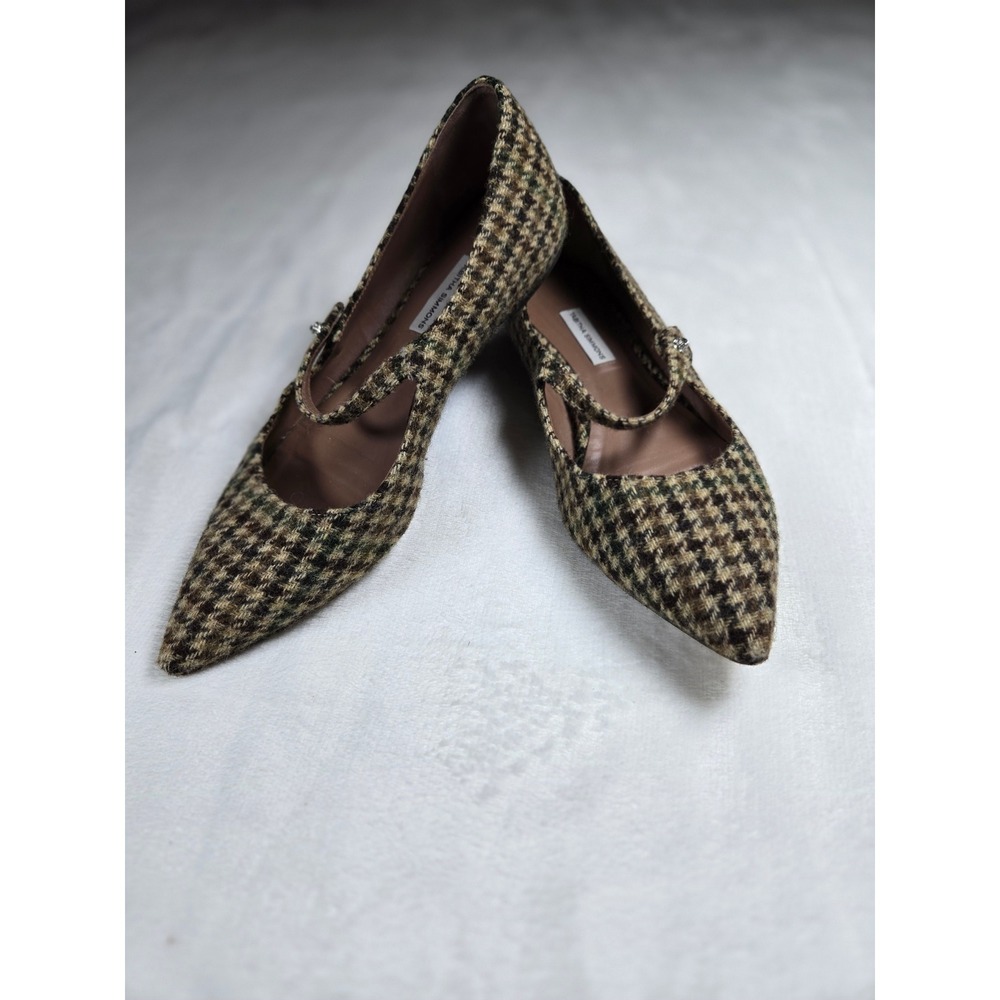 Tabitha Simmons Hermione Mary Jane Flats Houndstooth Wool Pointed Toe Brown 38.5